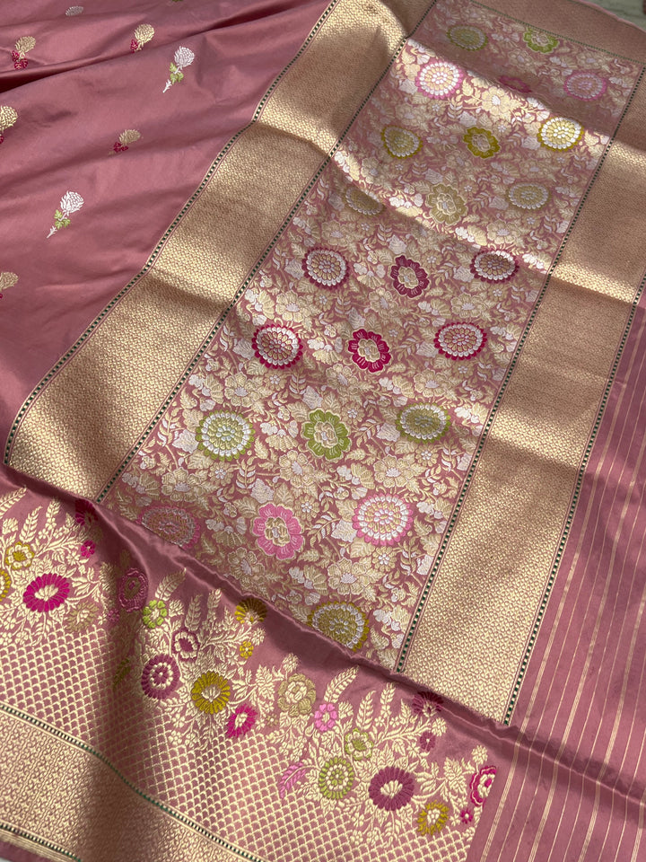 Rose Gold Katan Silk Saree with Kadhwa Meenakari Buti & Border