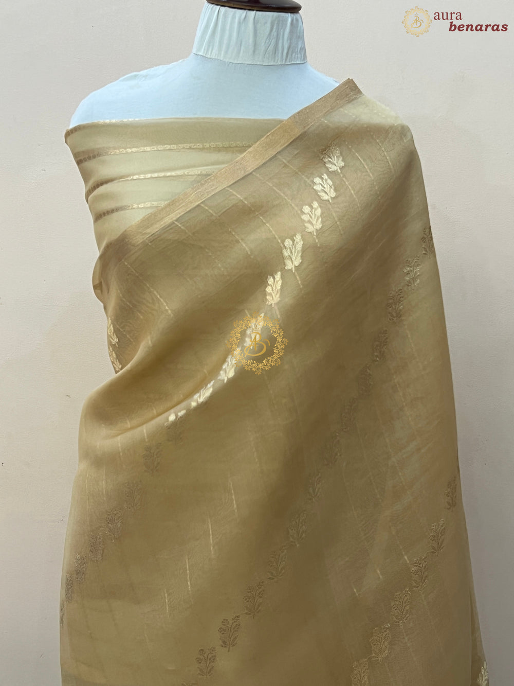 Beige Pure Banarasi Handloom Kora Silk Saree