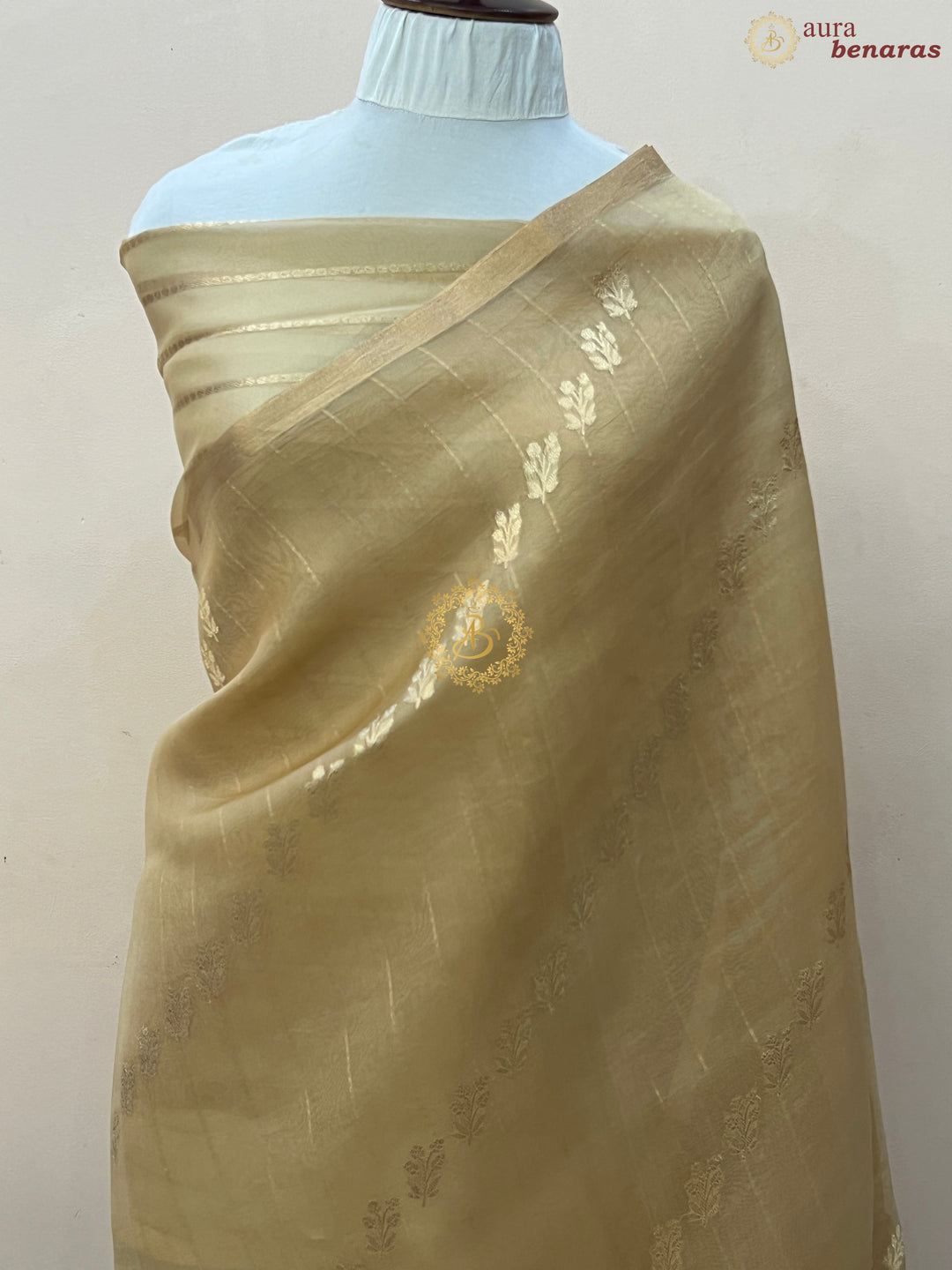 Beige Pure Banarasi Handloom Kora Silk Saree