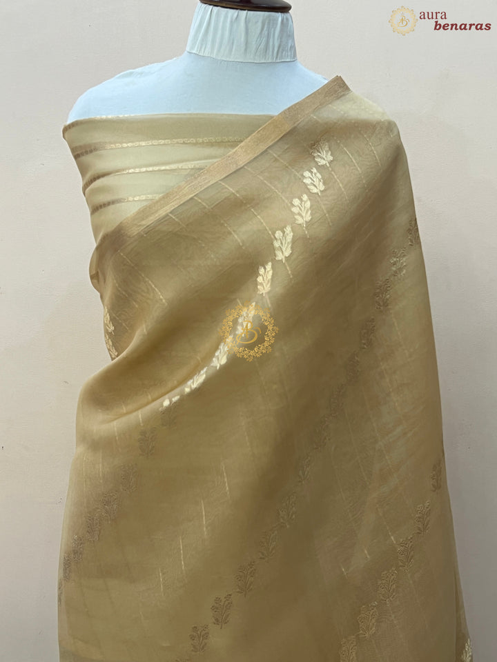 Beige Pure Banarasi Handloom Kora Silk Saree