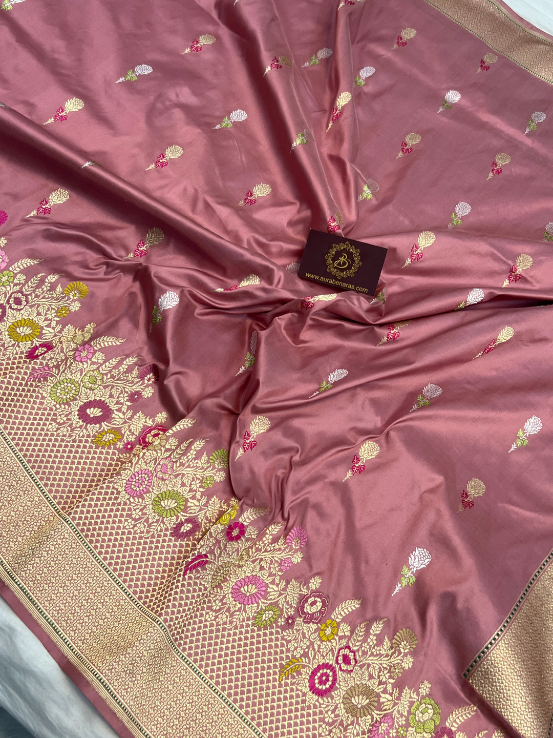 Rose Gold Katan Silk Saree with Kadhwa Meenakari Buti & Border