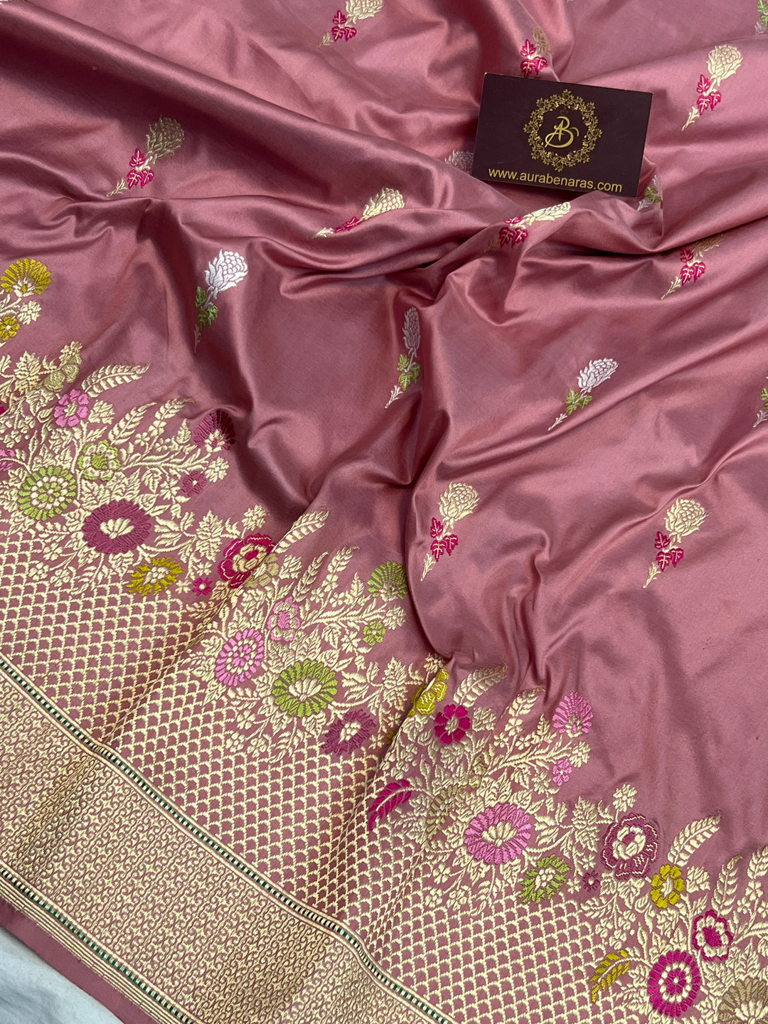 Rose Gold Katan Silk Saree with Kadhwa Meenakari Buti & Border