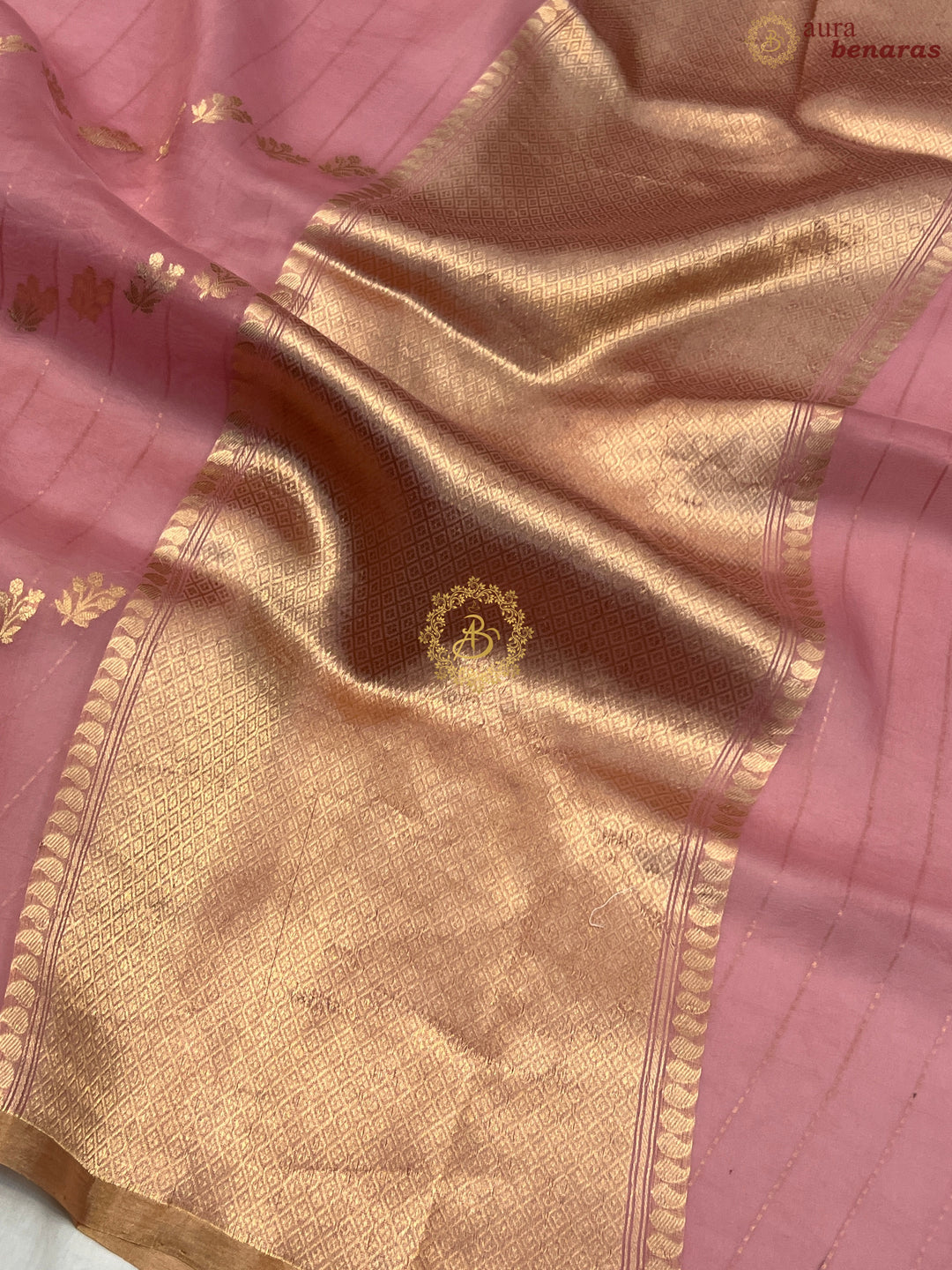Onion Pink Pure Banarasi Handloom Kora Silk Saree