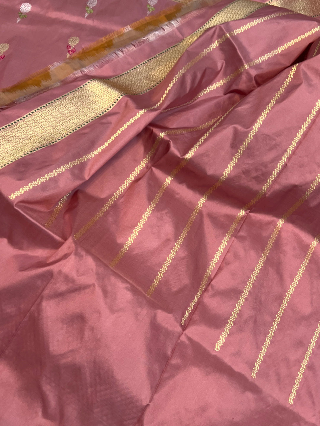 Rose Gold Katan Silk Saree with Kadhwa Meenakari Buti & Border