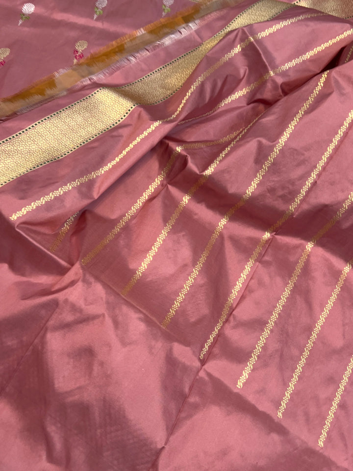 Rose Gold Katan Silk Saree with Kadhwa Meenakari Buti & Border