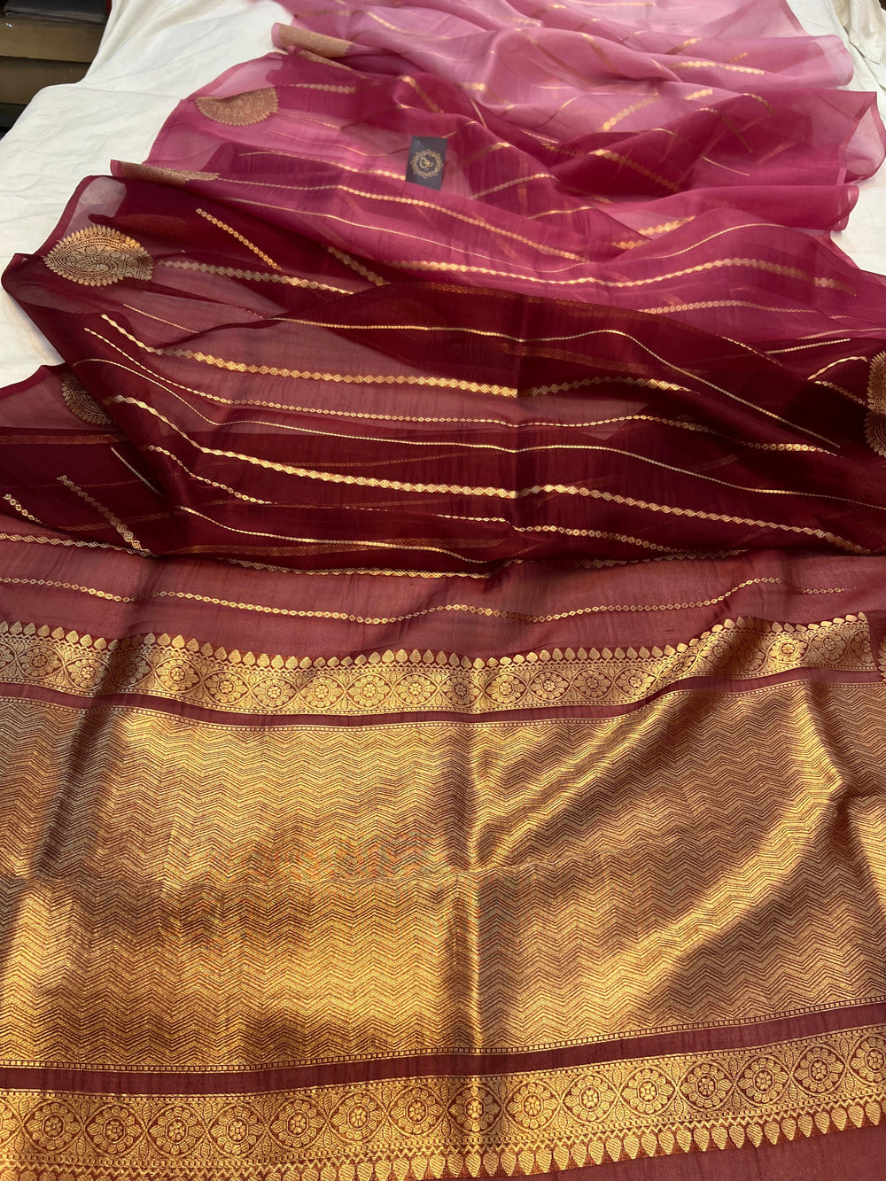 Onion - Garnet Shaded Banarasi Handloom Kora Silk Saree - Aura Benaras