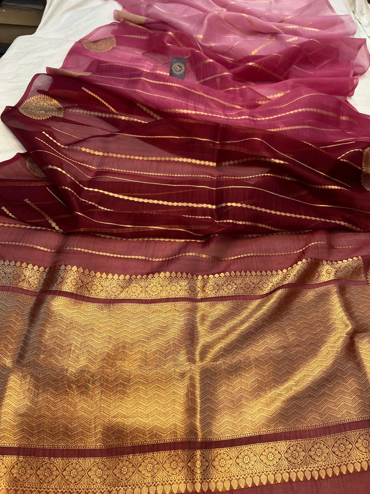 Onion - Garnet Shaded Banarasi Handloom Kora Silk Saree - Aura Benaras