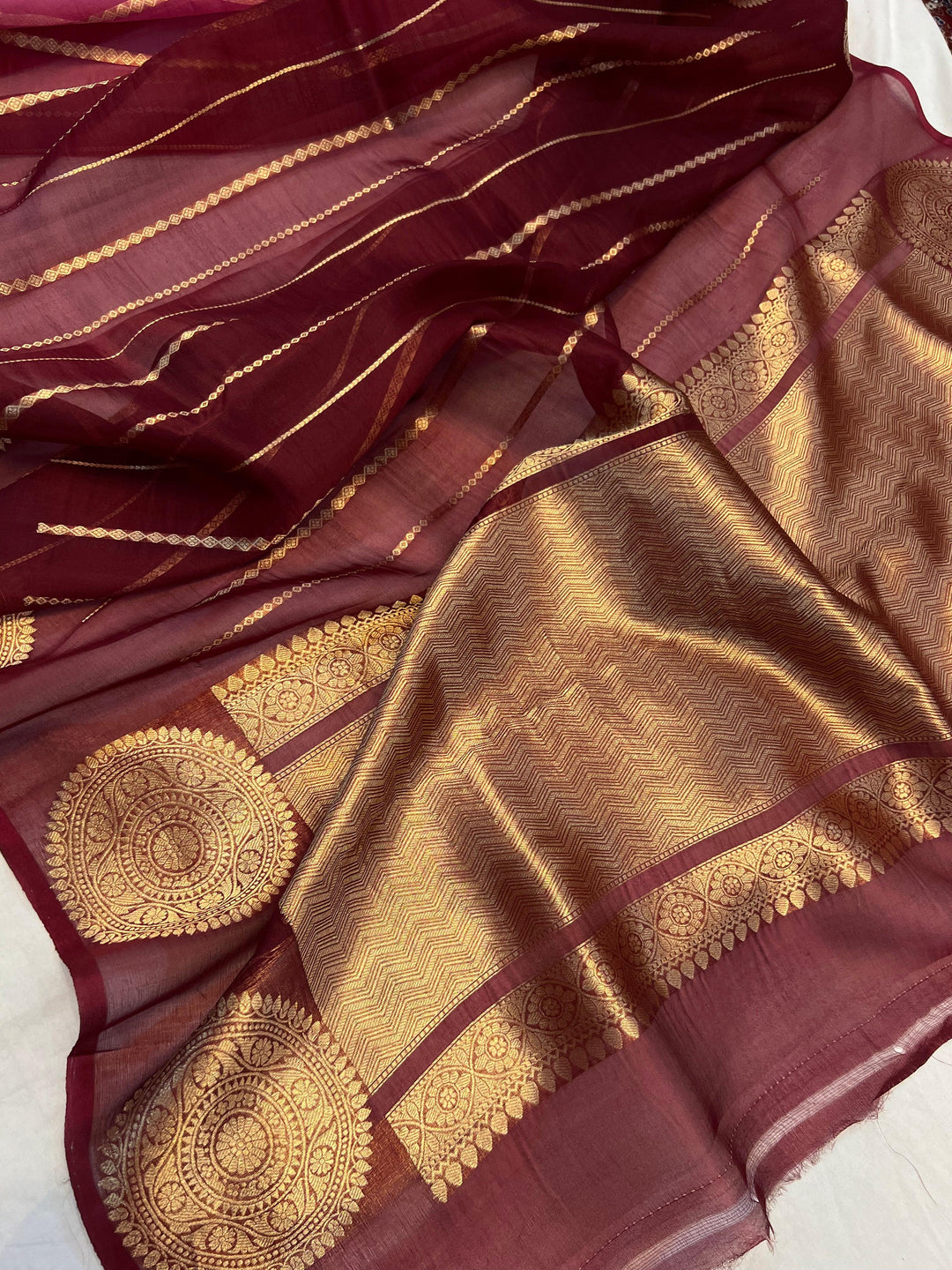 Onion - Garnet Shaded Banarasi Handloom Kora Silk Saree - Aura Benaras