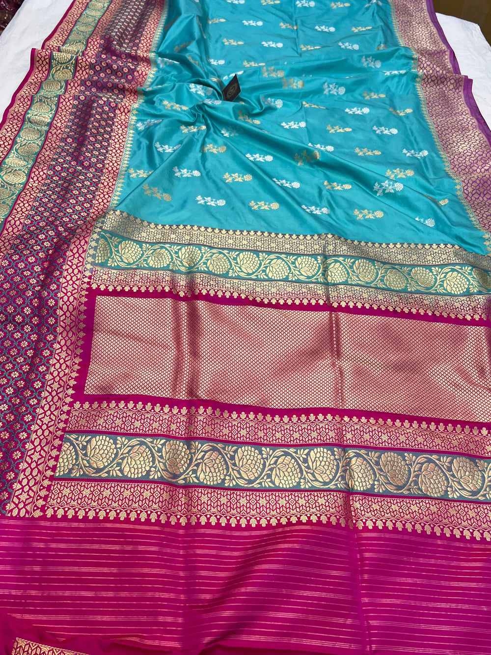 Sky Blue Katan Silk Saree with Kadhwa Buti & Tilfi Border