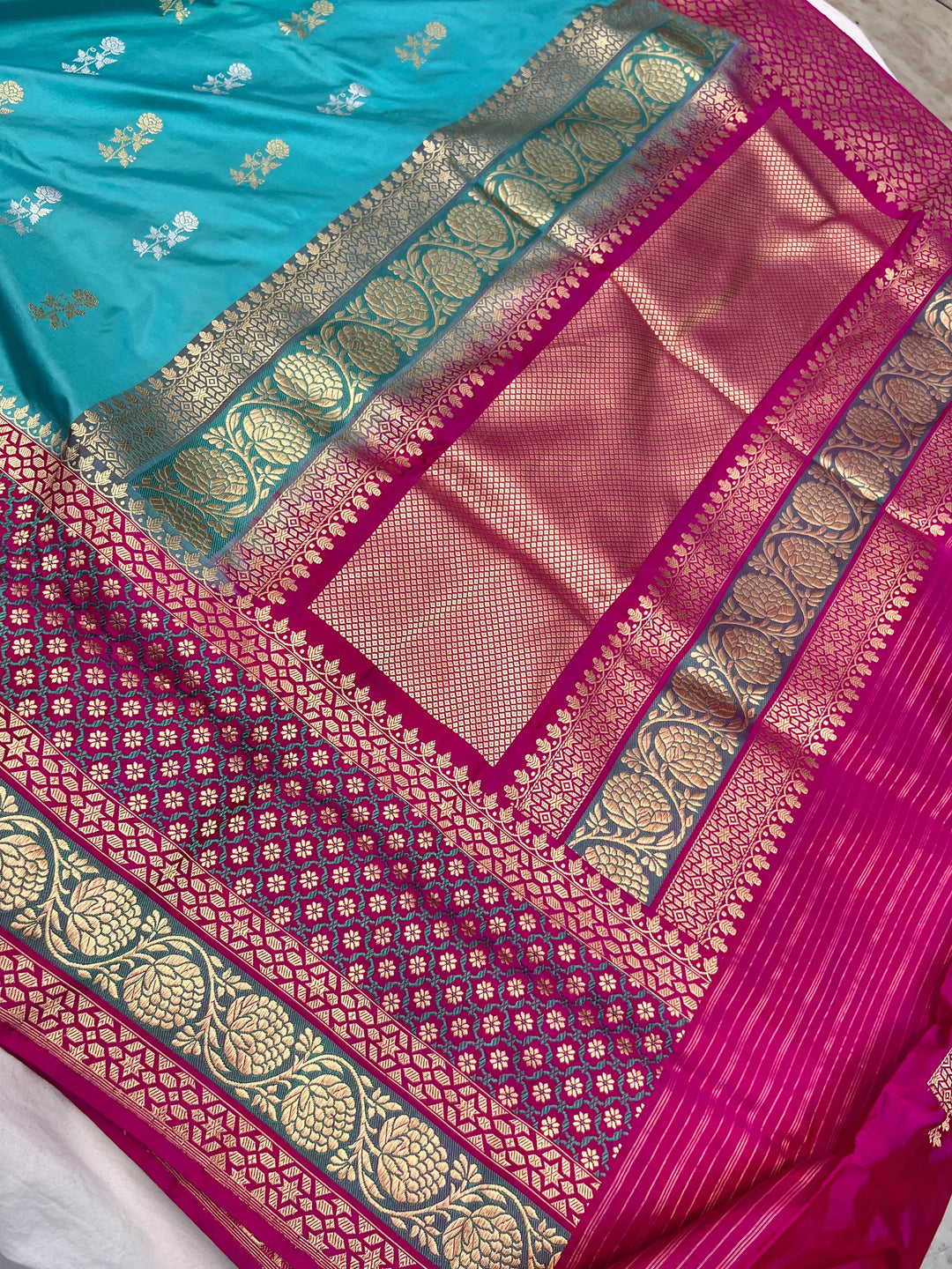 Sky Blue Katan Silk Saree with Kadhwa Buti & Tilfi Border