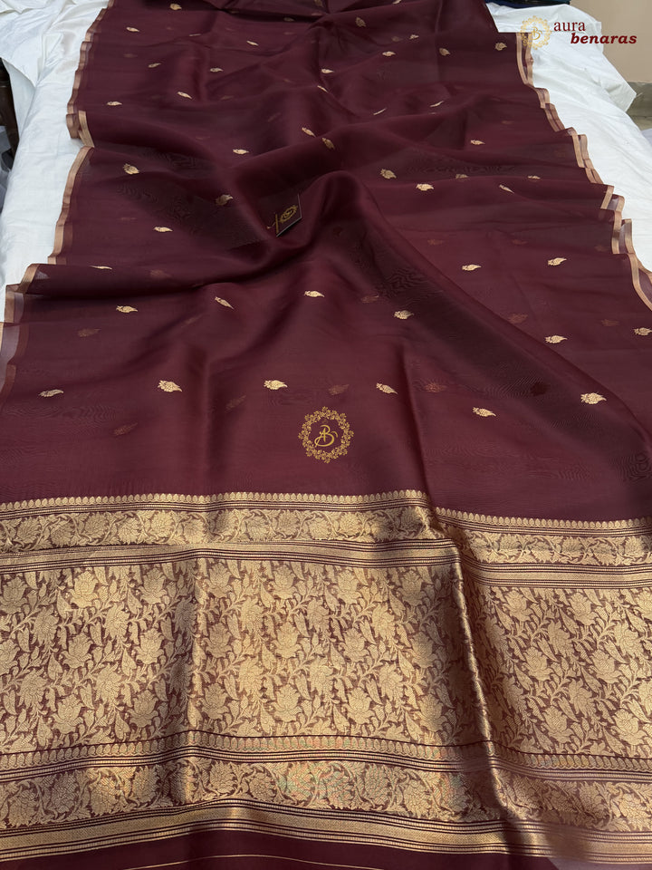 Maroon Kora Silk Banarasi Saree – Kadhwa Butis in Zari
