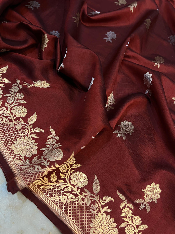 Maroon Pure Banarasi Handloom Silk Saree - Aura Benaras