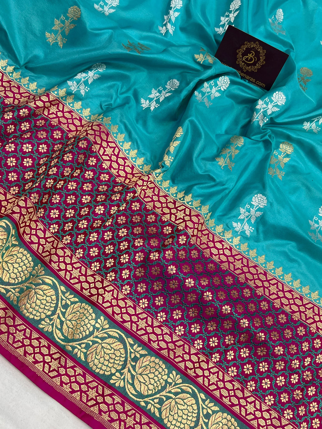 Sky Blue Katan Silk Saree with Kadhwa Buti & Tilfi Border