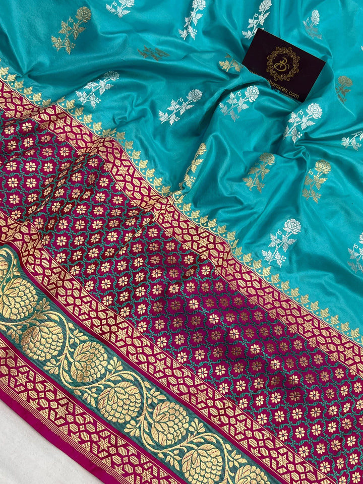 Sky Blue Katan Silk Saree with Kadhwa Buti & Tilfi Border