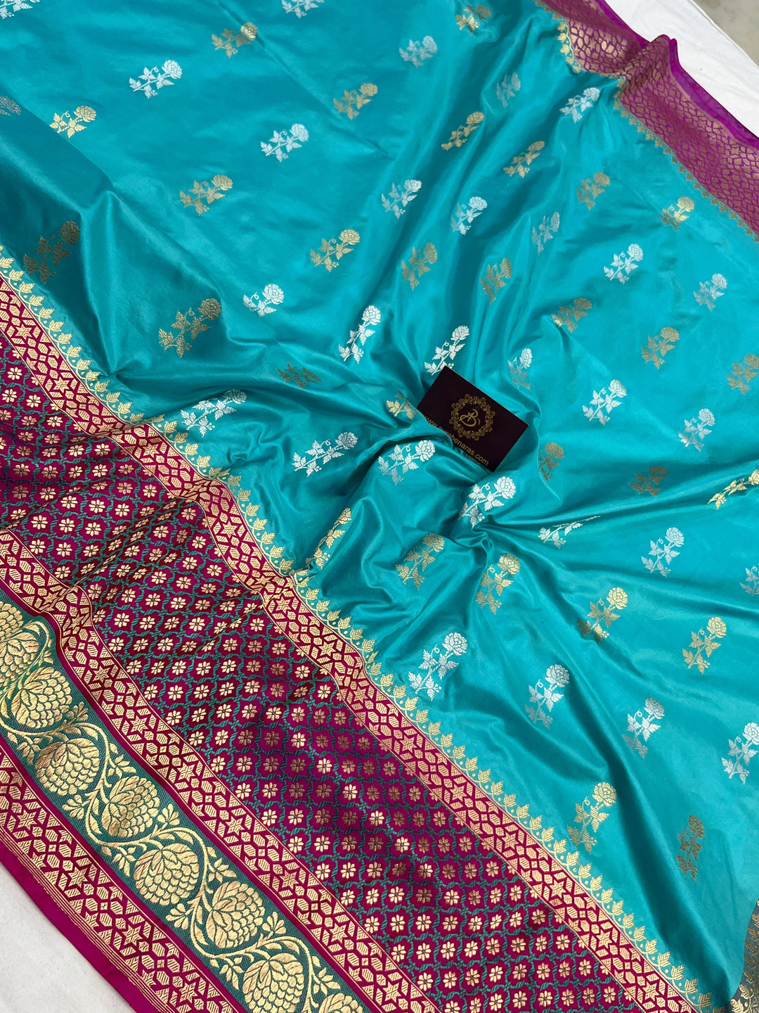 Sky Blue Katan Silk Saree with Kadhwa Buti & Tilfi Border