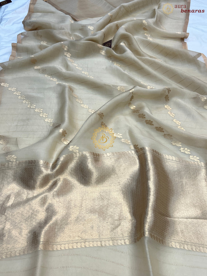Cream Pure Banarasi Handloom Kora Silk Saree