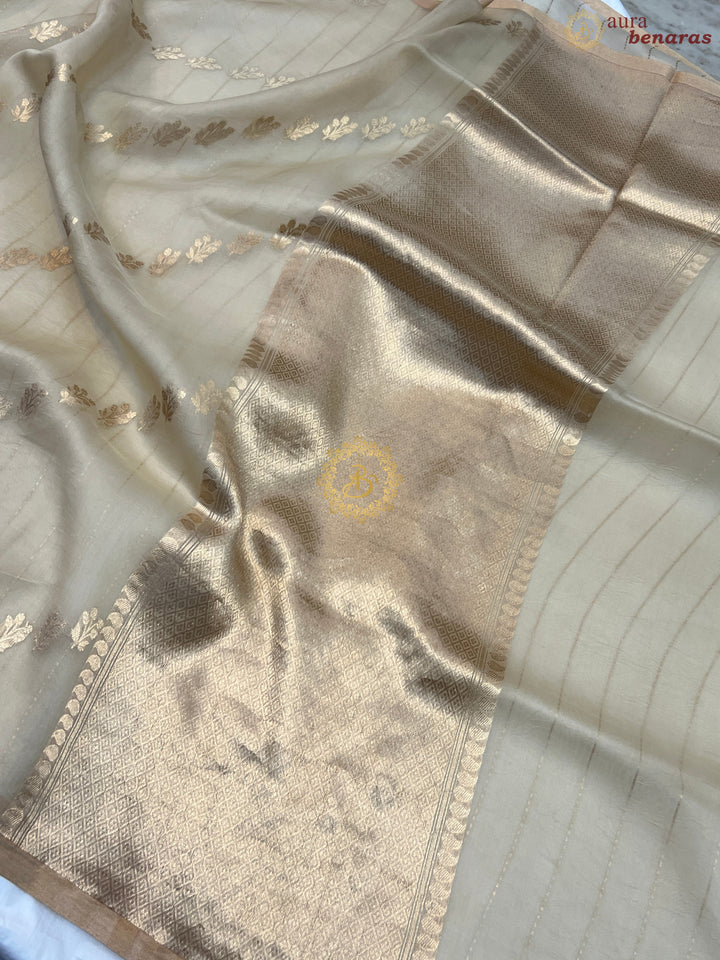 Cream Pure Banarasi Handloom Kora Silk Saree