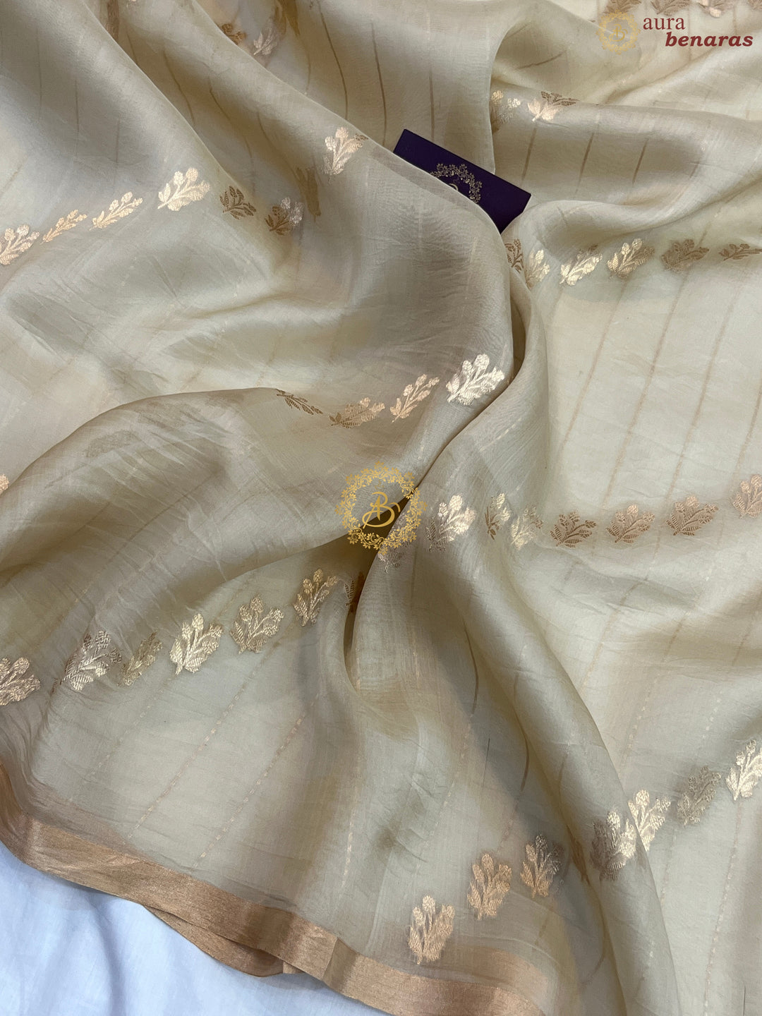 Cream Pure Banarasi Handloom Kora Silk Saree