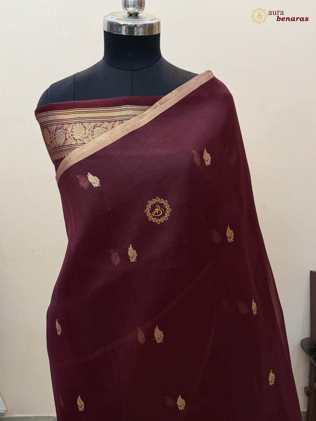 Maroon Kora Silk Banarasi Saree – Kadhwa Butis in Zari