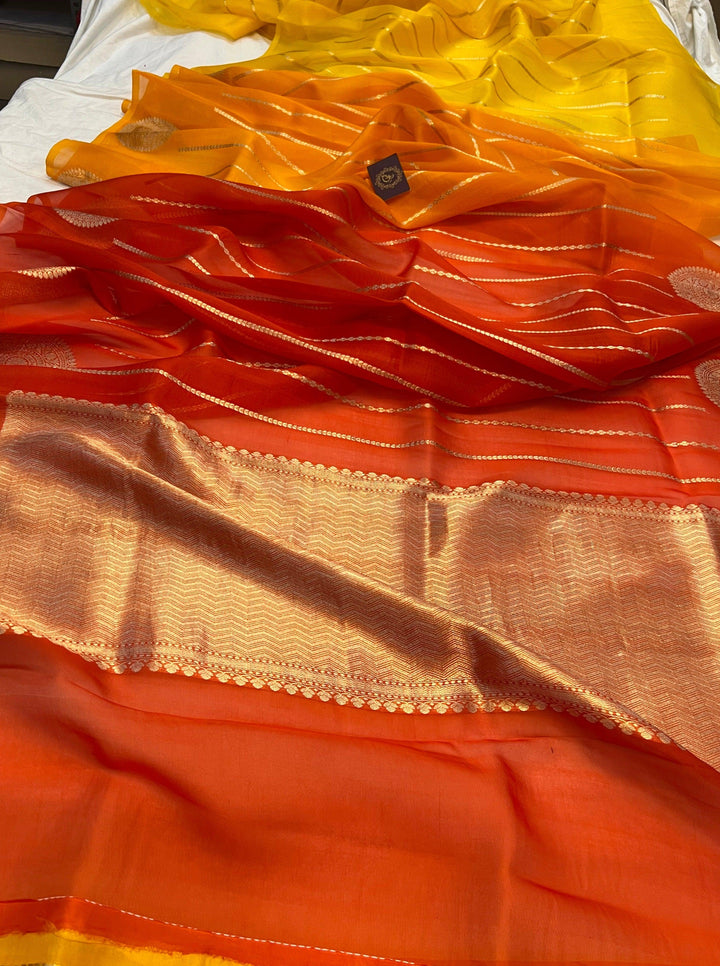 Yellow - Orange Shaded Banarasi Handloom Kora Silk Saree - Aura Benaras