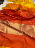 Yellow - Orange Shaded Banarasi Handloom Kora Silk Saree - Aura Benaras