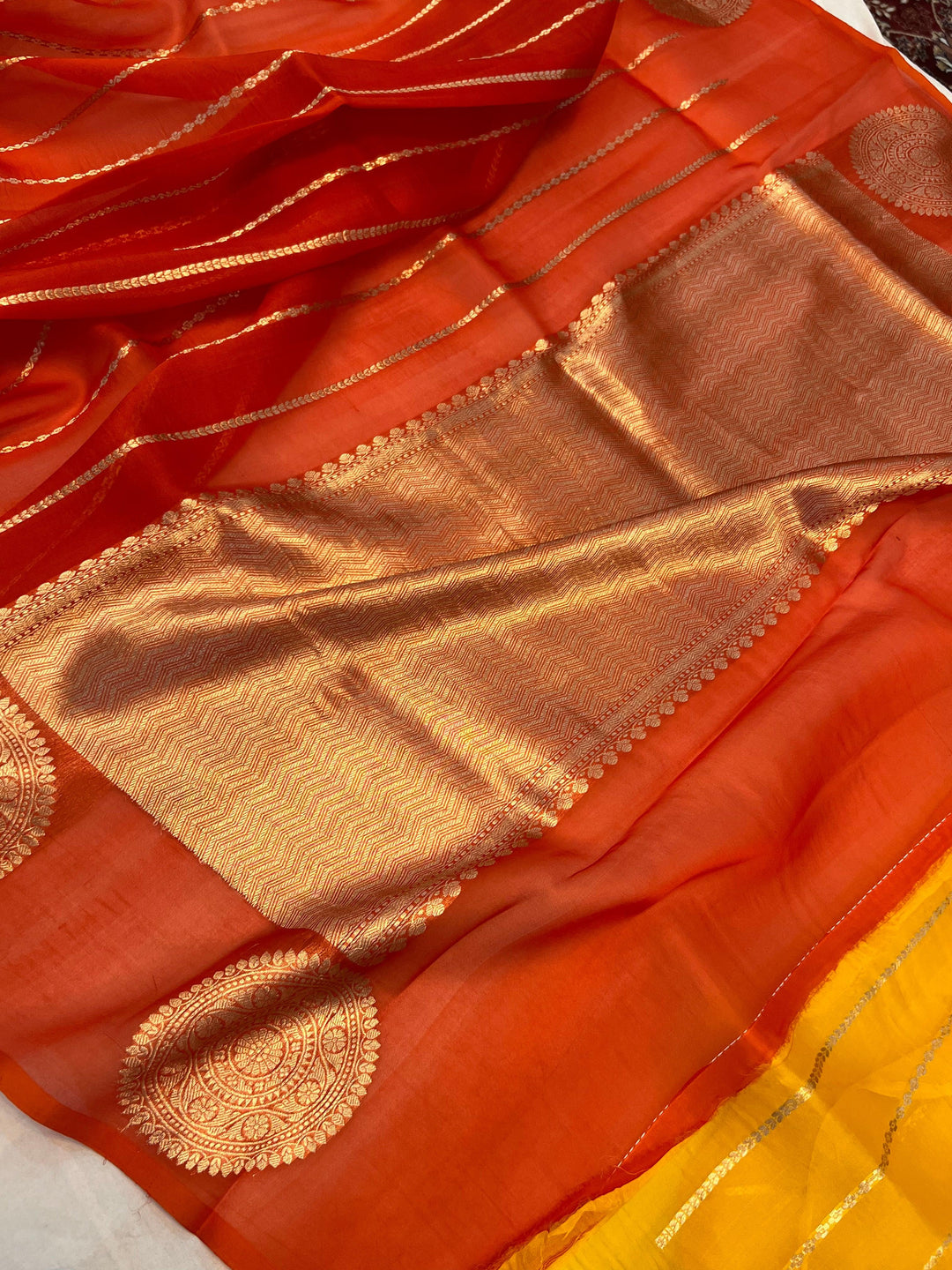 Yellow - Orange Shaded Banarasi Handloom Kora Silk Saree - Aura Benaras