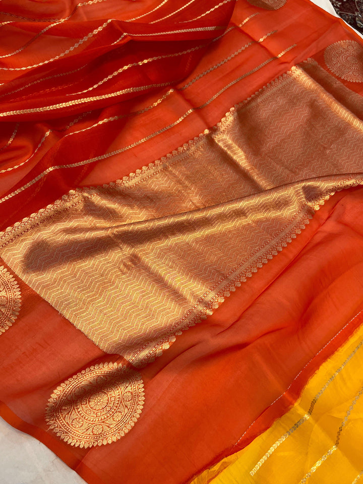 Yellow - Orange Shaded Banarasi Handloom Kora Silk Saree - Aura Benaras