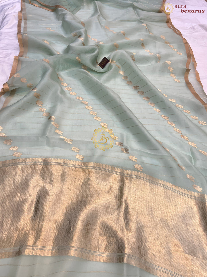 Pastel Mint Green Pure Banarasi Handloom Kora Silk Saree
