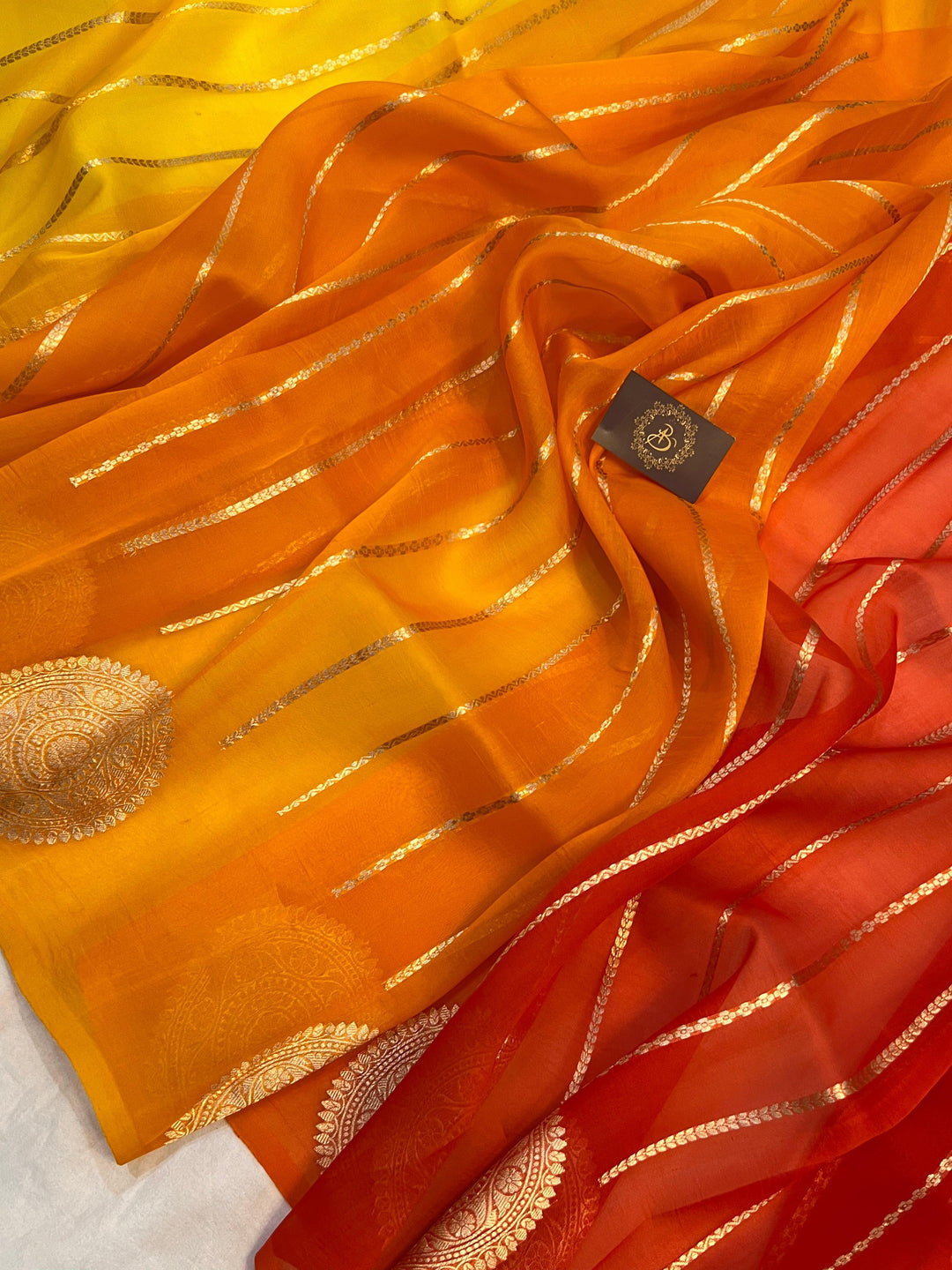 Yellow - Orange Shaded Banarasi Handloom Kora Silk Saree - Aura Benaras