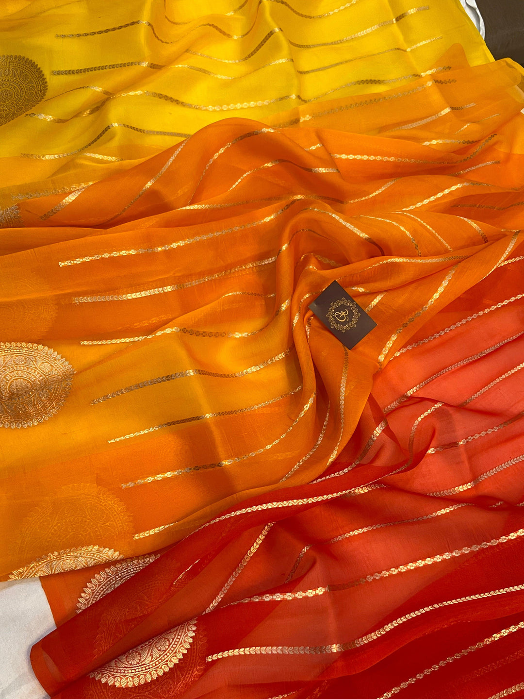 Yellow - Orange Shaded Banarasi Handloom Kora Silk Saree - Aura Benaras