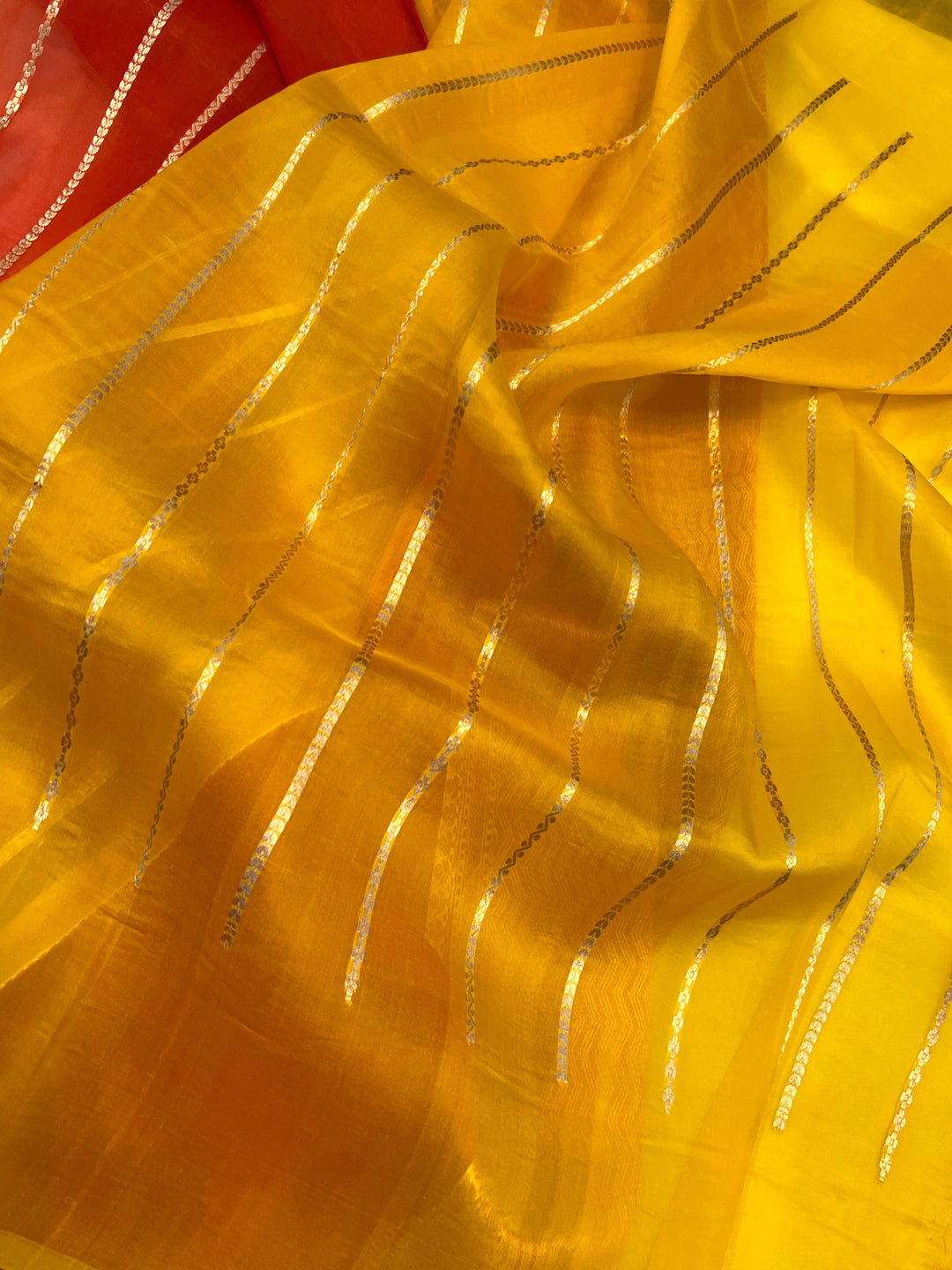 Yellow - Orange Shaded Banarasi Handloom Kora Silk Saree - Aura Benaras