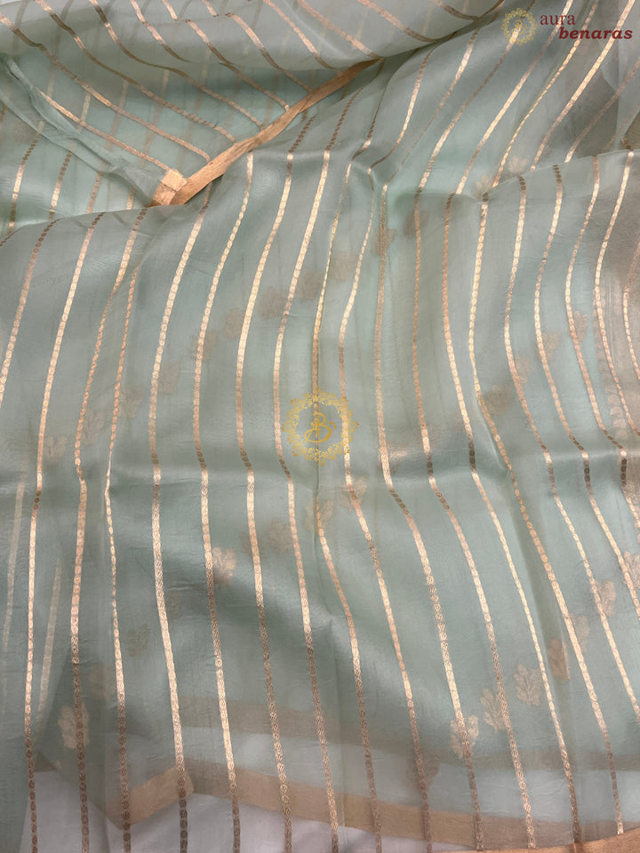 Pastel Mint Green Pure Banarasi Handloom Kora Silk Saree