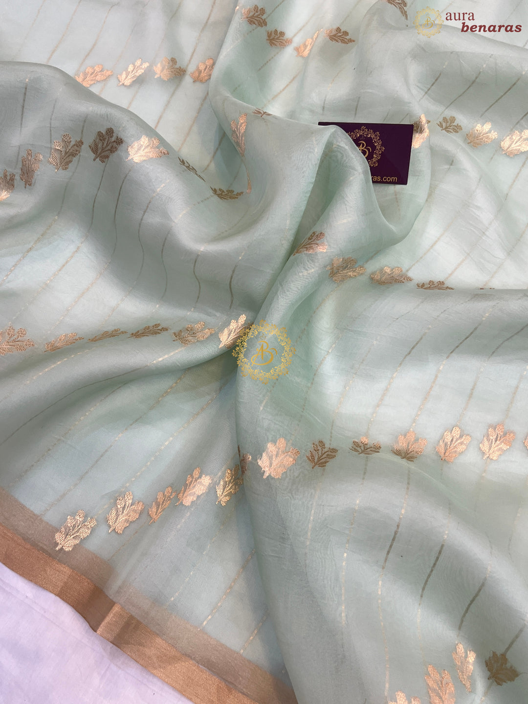 Pastel Mint Green Pure Banarasi Handloom Kora Silk Saree