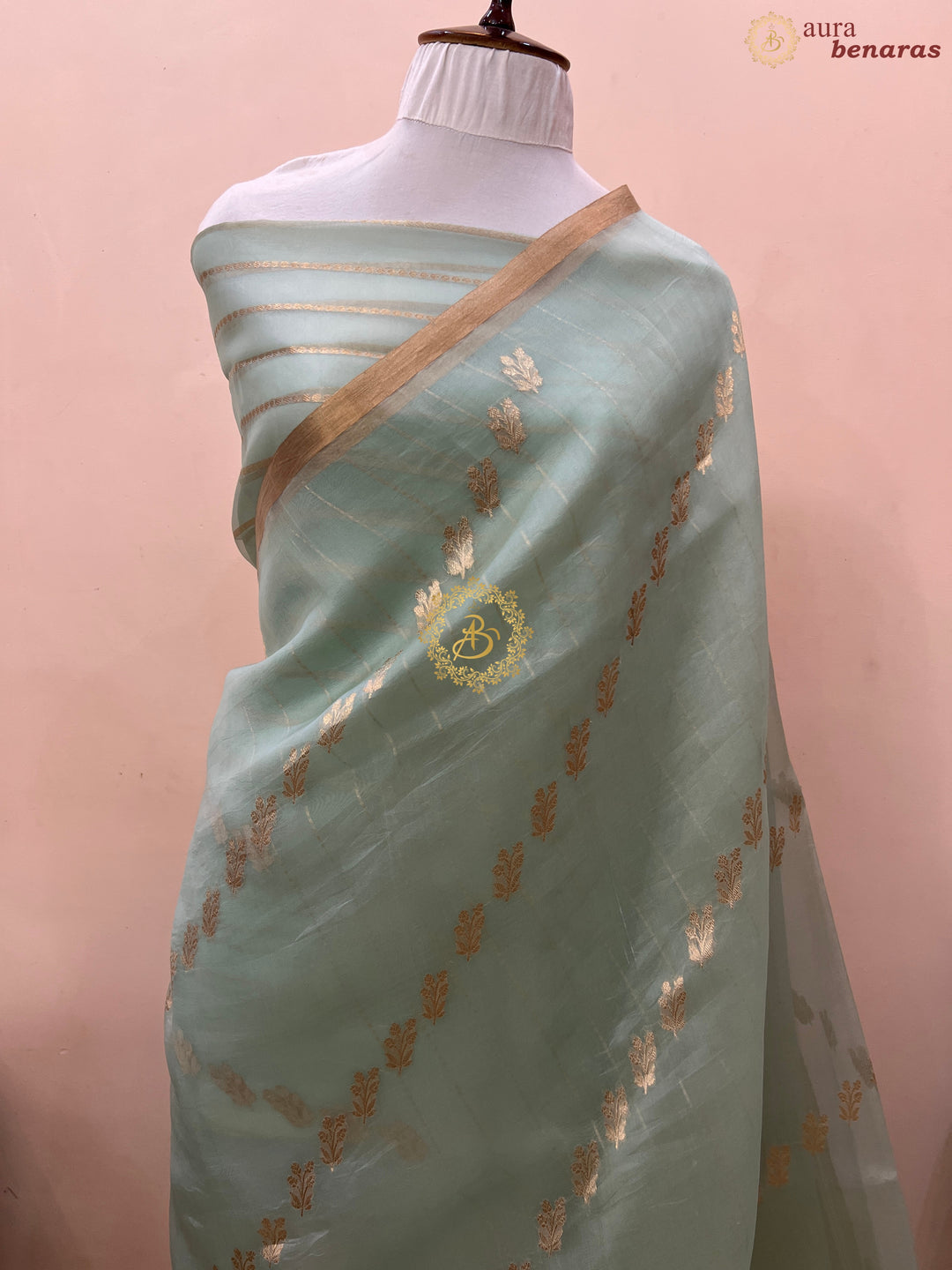 Pastel Mint Green Pure Banarasi Handloom Kora Silk Saree