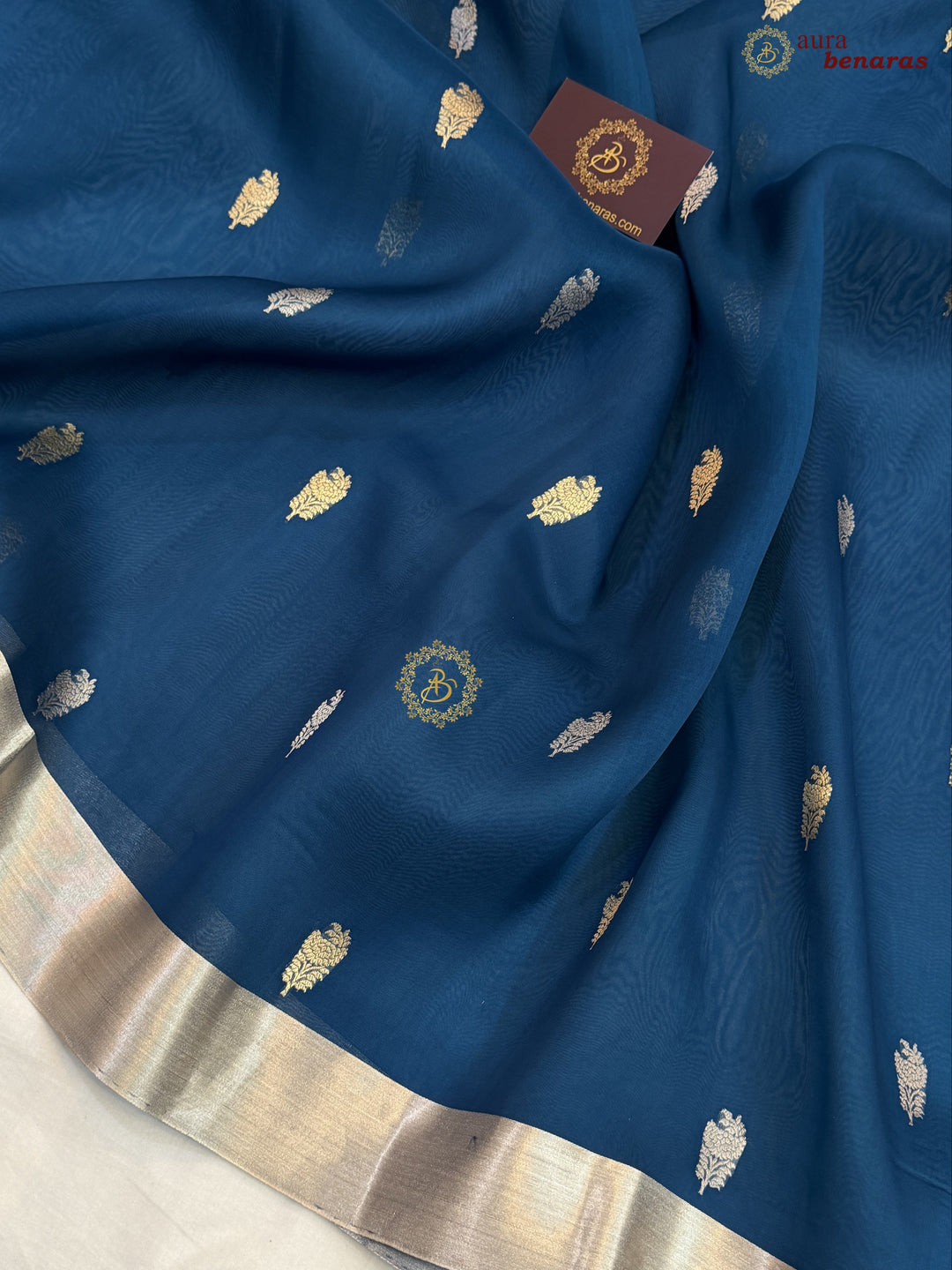 Teal Blue Pure Silk Banarasi Saree with Kadhwa Floral Motifs 