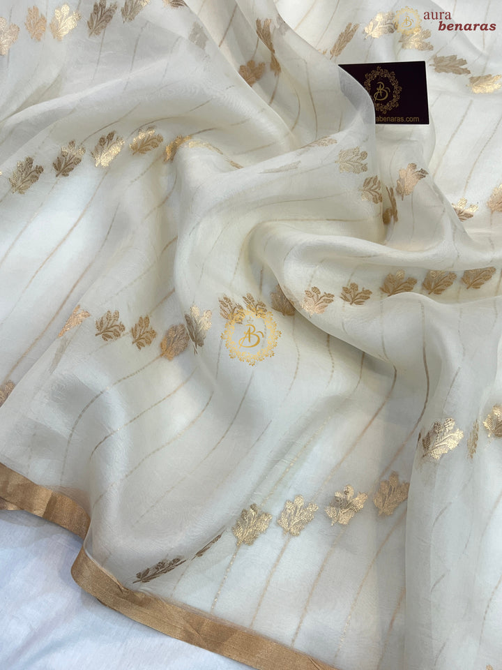 White Pure Banarasi Handloom Kora Silk Saree