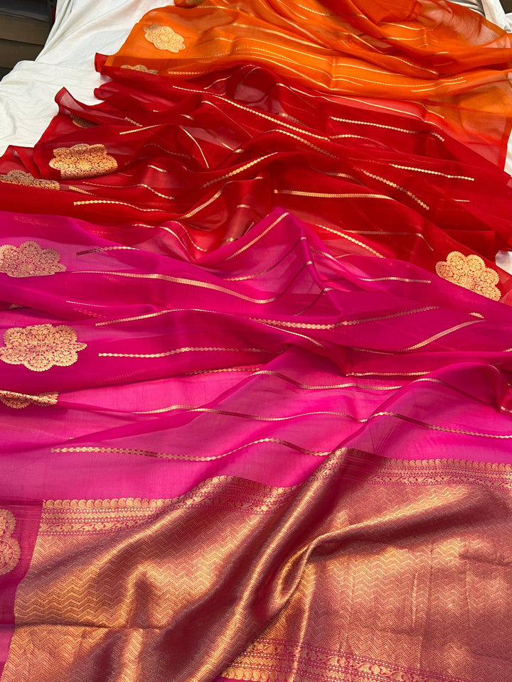Orange - Red - Rani Shaded Banarasi Handloom Kora Silk Saree - Aura Benaras