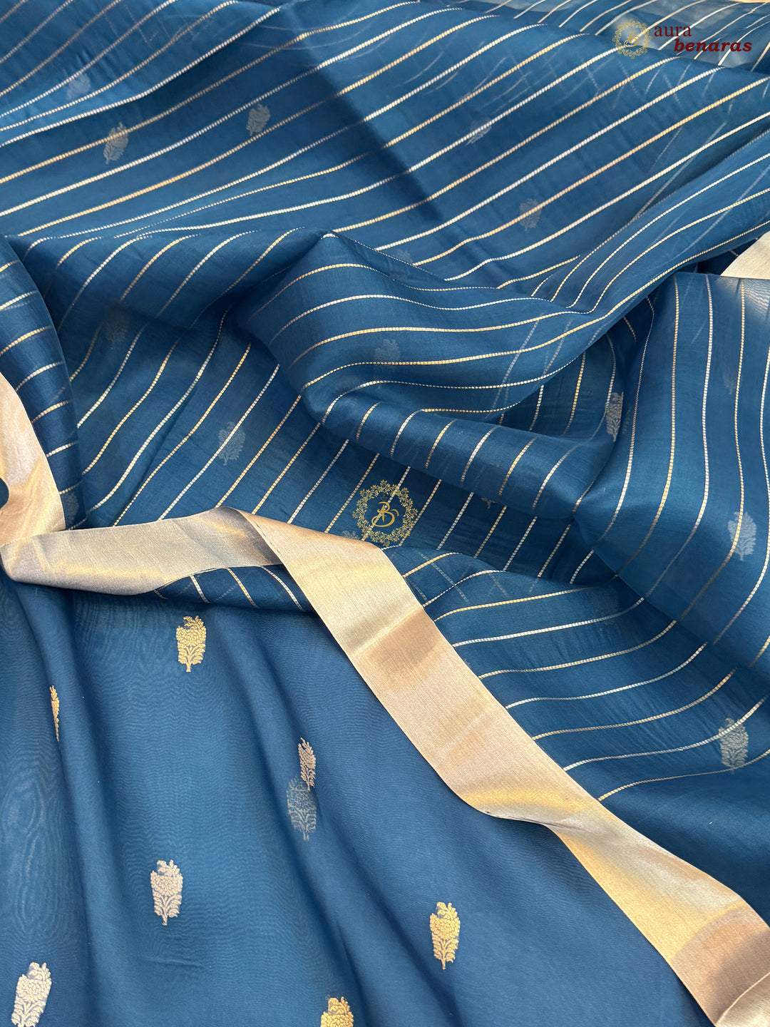 Teal Blue Pure Silk Banarasi Saree with Kadhwa Floral Motifs 