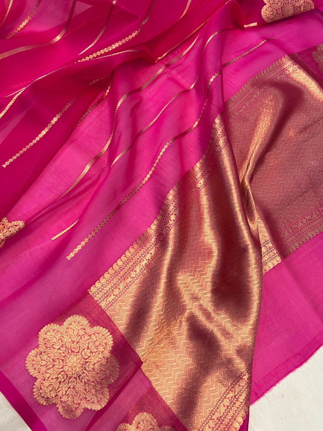 Orange - Red - Rani Shaded Banarasi Handloom Kora Silk Saree - Aura Benaras