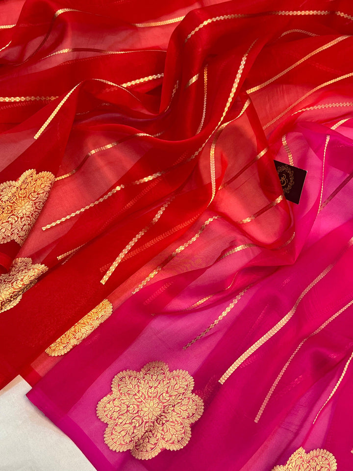 Orange - Red - Rani Shaded Banarasi Handloom Kora Silk Saree - Aura Benaras