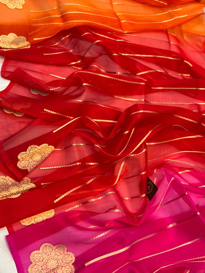 Orange - Red - Rani Shaded Banarasi Handloom Kora Silk Saree - Aura Benaras