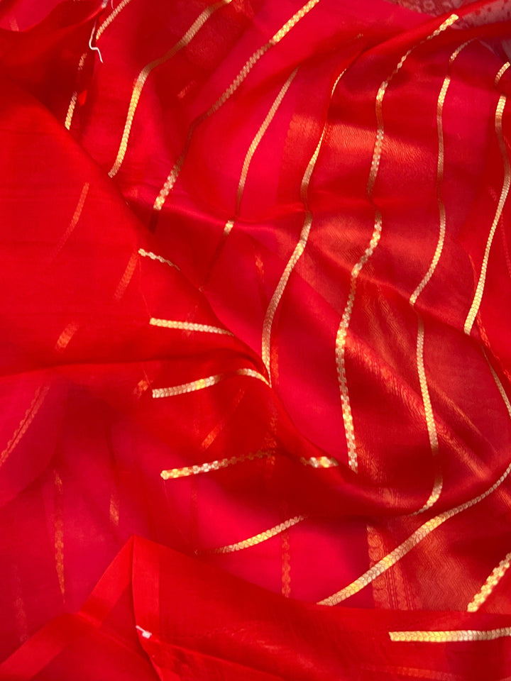 Orange - Red - Rani Shaded Banarasi Handloom Kora Silk Saree - Aura Benaras