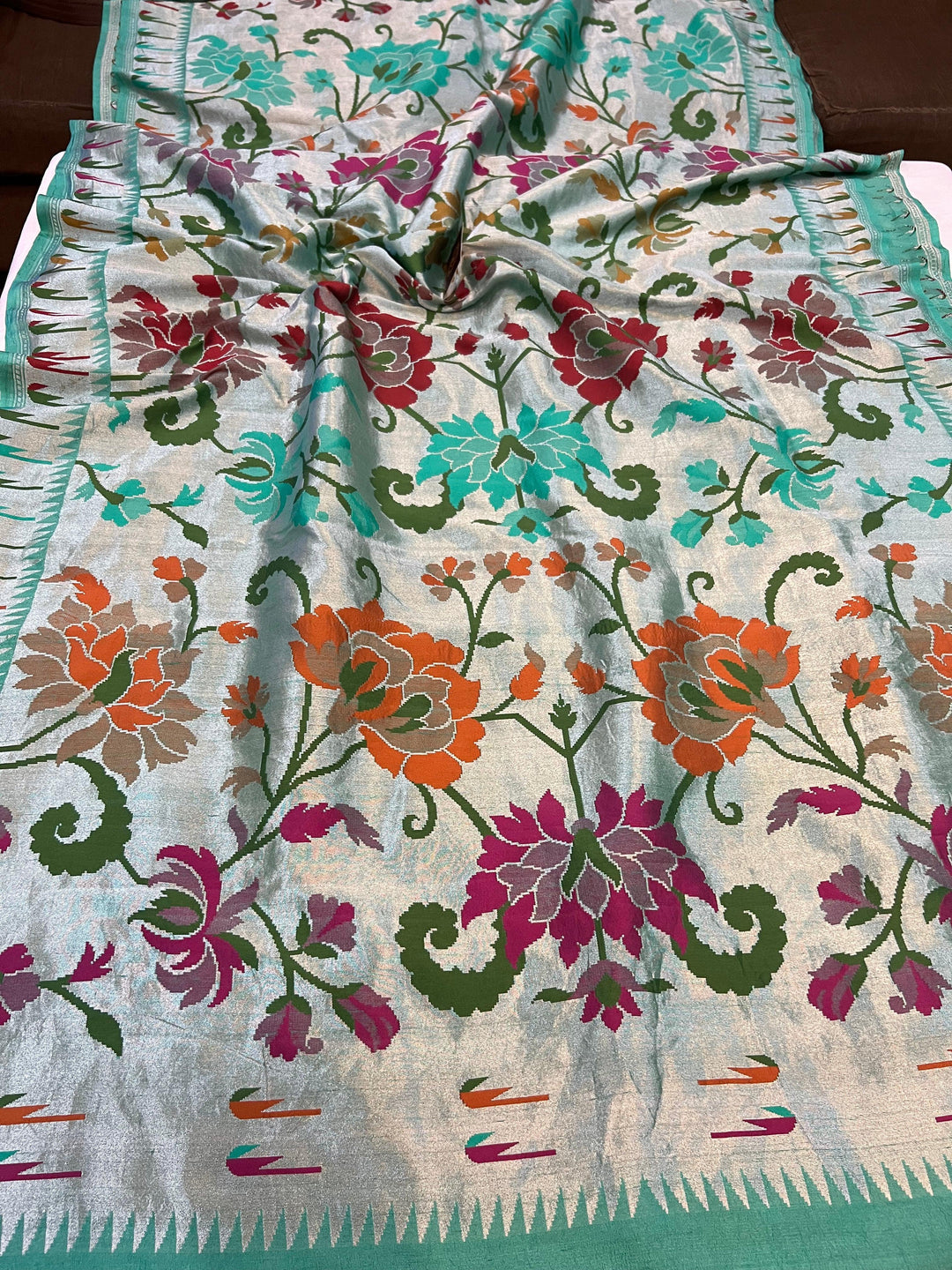 Turquoise Banarasi Handloom Pure Tussar Georgette Saree - Aura Benaras