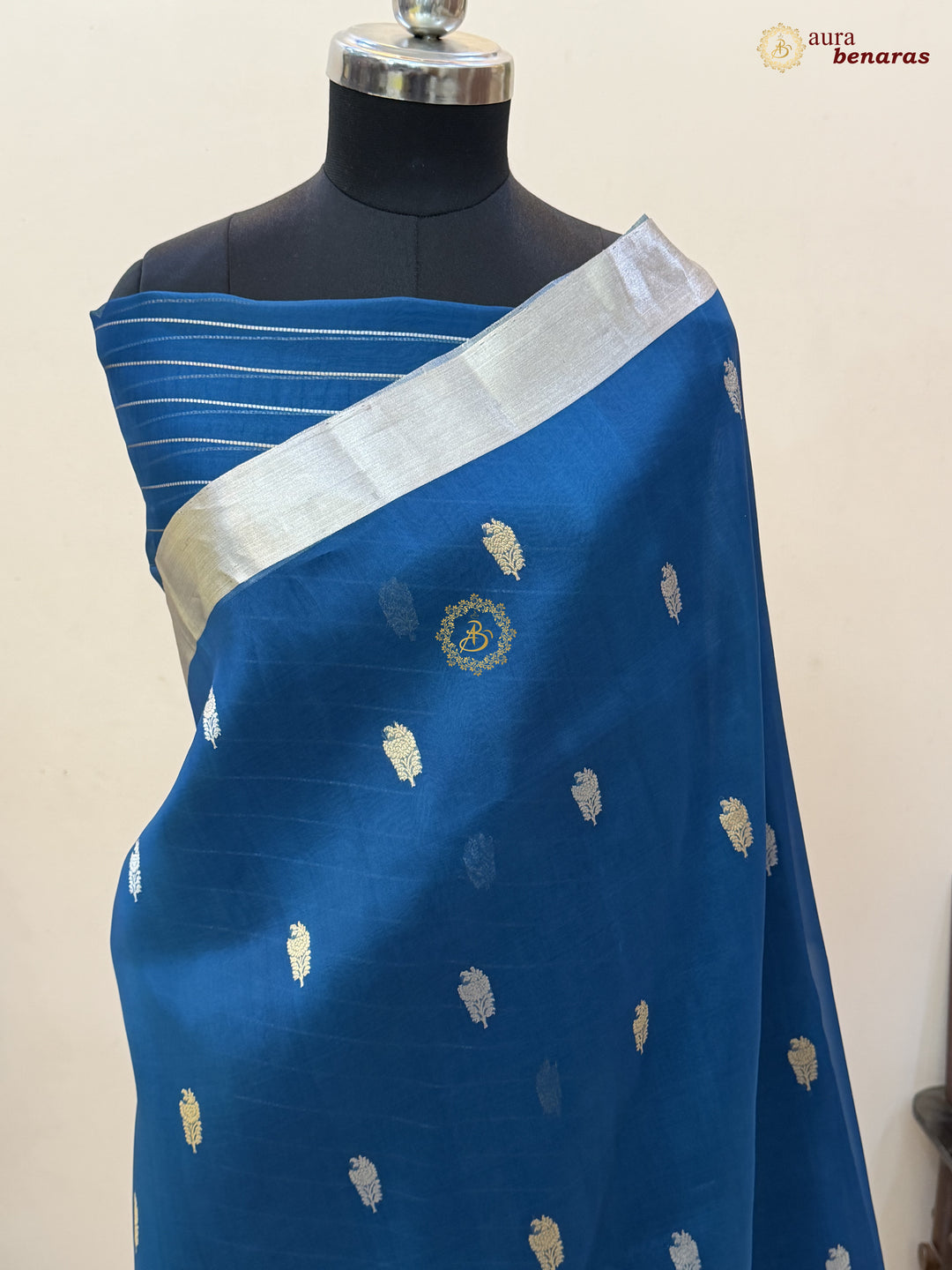 Teal Blue Pure Silk Banarasi Saree with Kadhwa Floral Motifs 