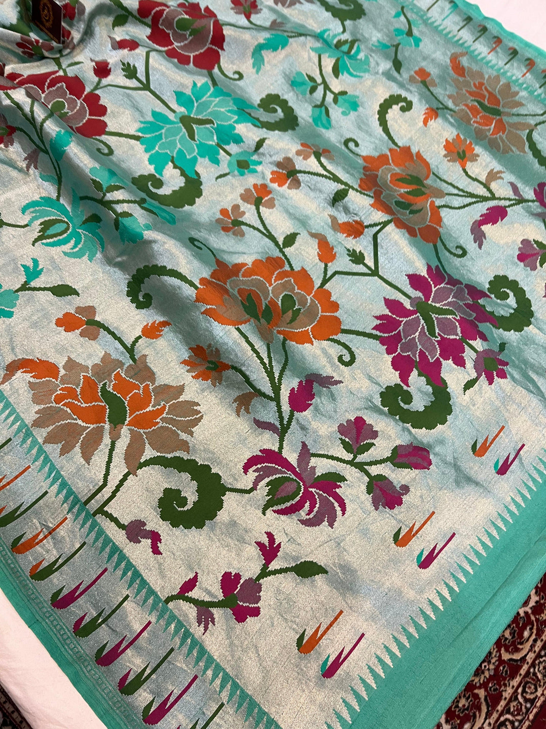 Turquoise Banarasi Handloom Pure Tussar Georgette Saree - Aura Benaras