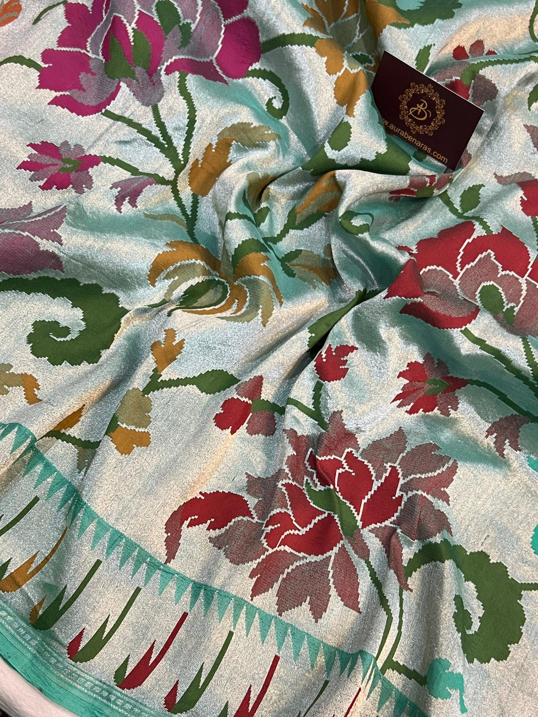 Turquoise Banarasi Handloom Pure Tussar Georgette Saree - Aura Benaras