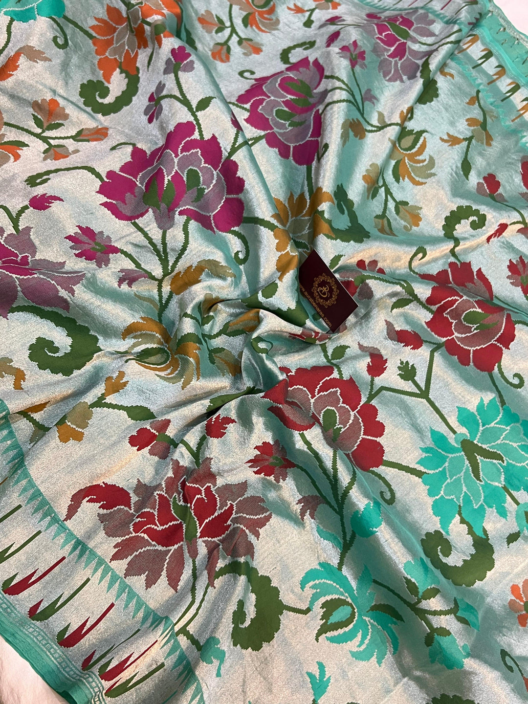 Turquoise Banarasi Handloom Pure Tussar Georgette Saree - Aura Benaras