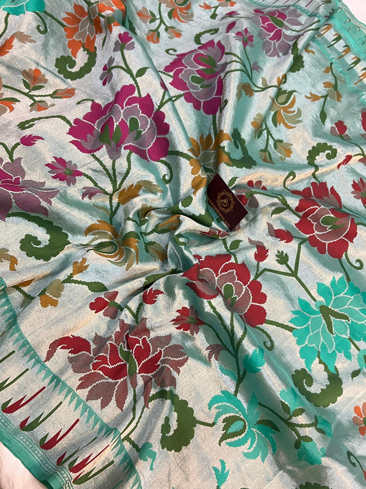 Turquoise Banarasi Handloom Pure Tussar Georgette Saree - Aura Benaras