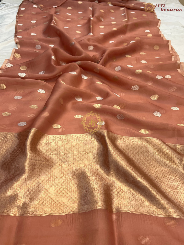 Blush Peach Pure Kora silk Handloom Banarasi Saree