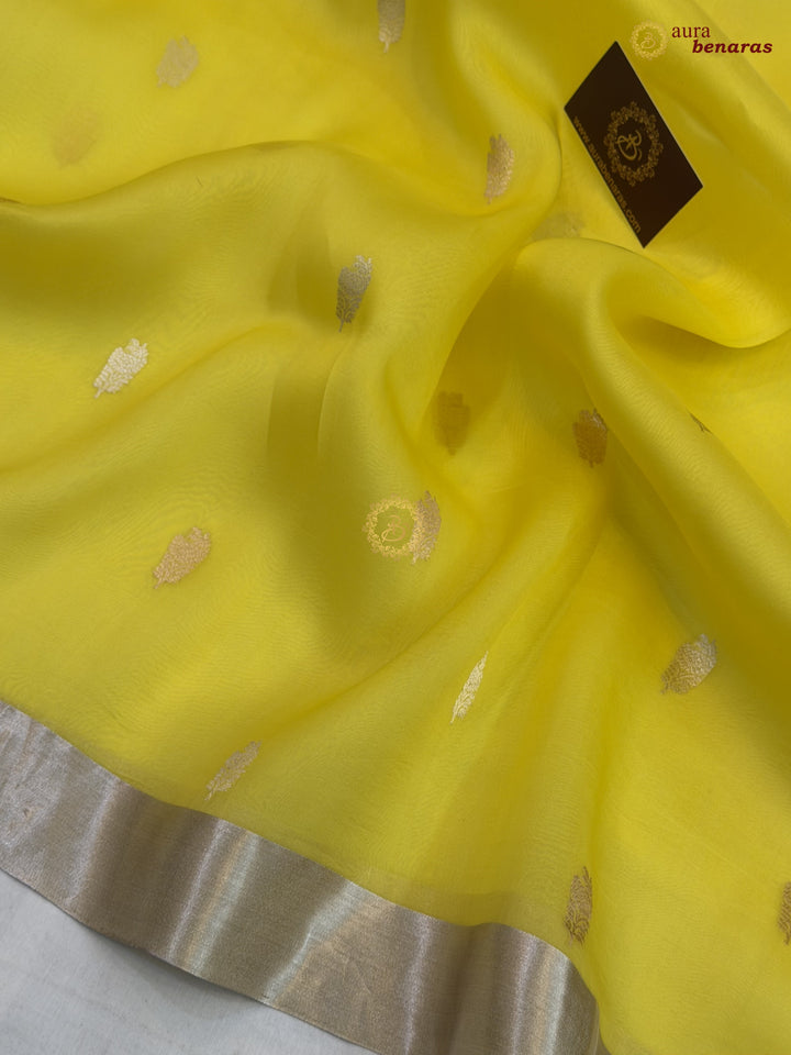 Lemon Yellow Pure Silk Banarasi Saree with Kadhwa Floral Motifs 